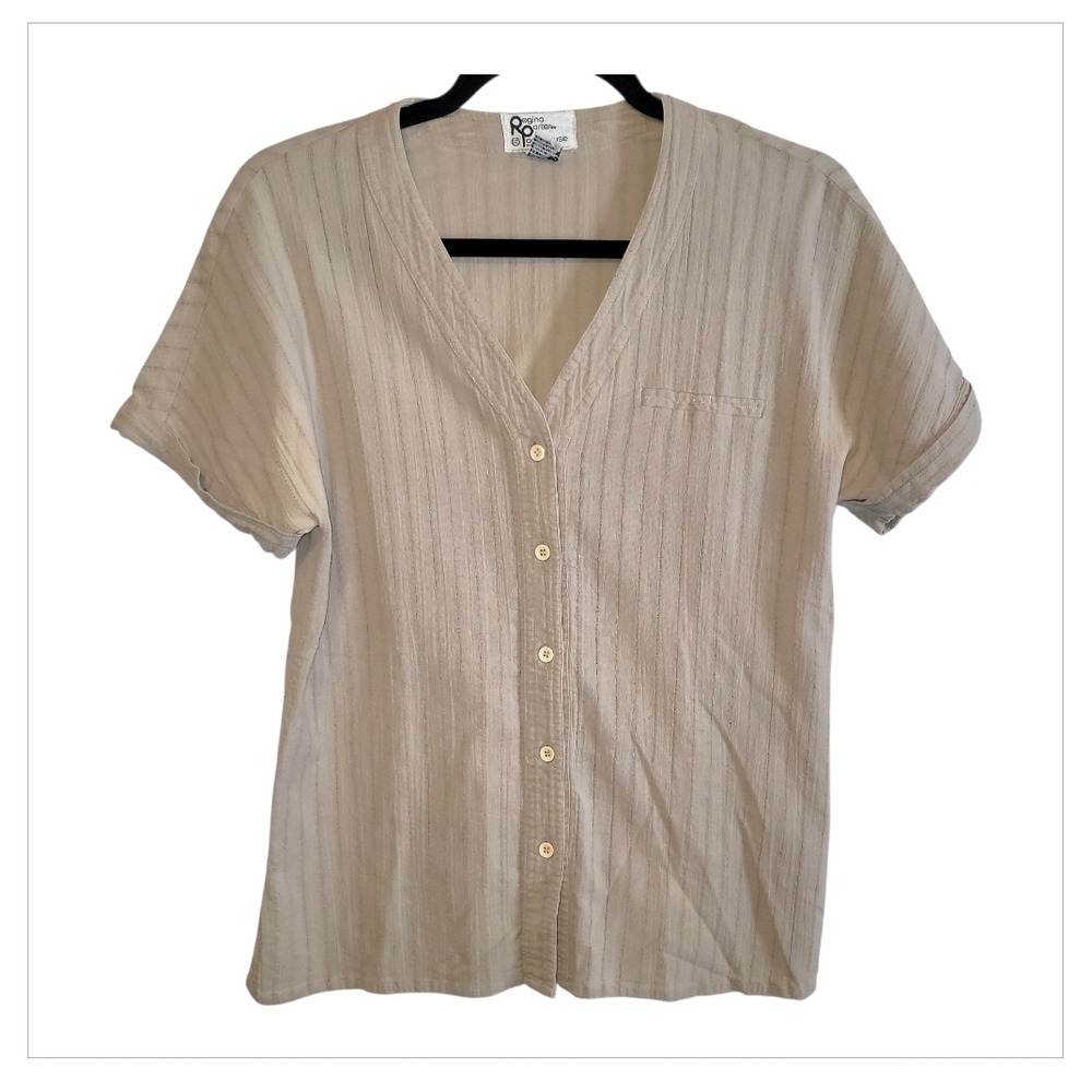 6/30 Women’s 100% Cotton Button Down  Beige Short Sleeve Regina Porter